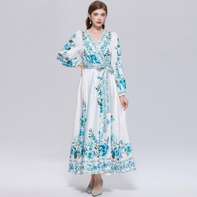 Frühlings-Vintage-Blumen-Maxikleider für Damen Laufsteg Kreuz-V-Ausschnitt Lange Laternenärmel Gürtel Strandurlaubskleid Boho-Robe