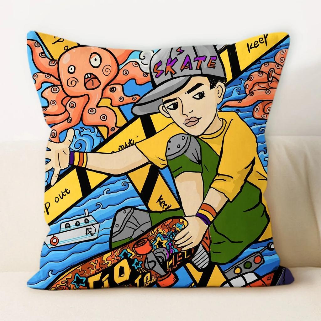 Drawing Graffiti Backrest Square Office Pillow Cover Funny Graffiti Pillow Home Sofa Cushion Cover