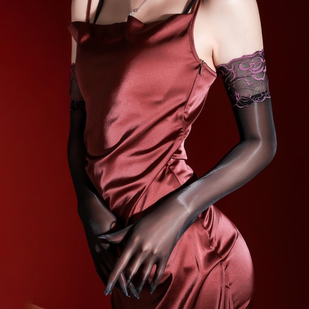 Women Ultra-thin Five Finger Gloves Oil Smooth Sexy Mittens Stretchy Lace Cuff Stockings Glove Sheer Nightclub