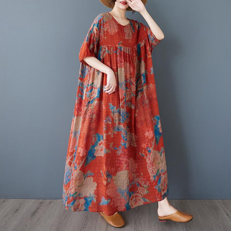DIMANAF 2025 Women Plus Size Vintage Summer Dress Floral Short Sleeve Casual Basic New Printing Dress Loose Long Dress