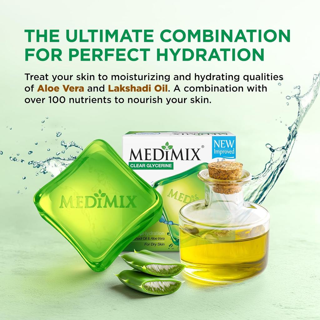 Medimix Clear Glycerine Bathing Bar Soap For Dry Skin 100gx 4 Soap With Lakshadi Oil & Aloe Vera For Hydrated Smooth Radiant Skin