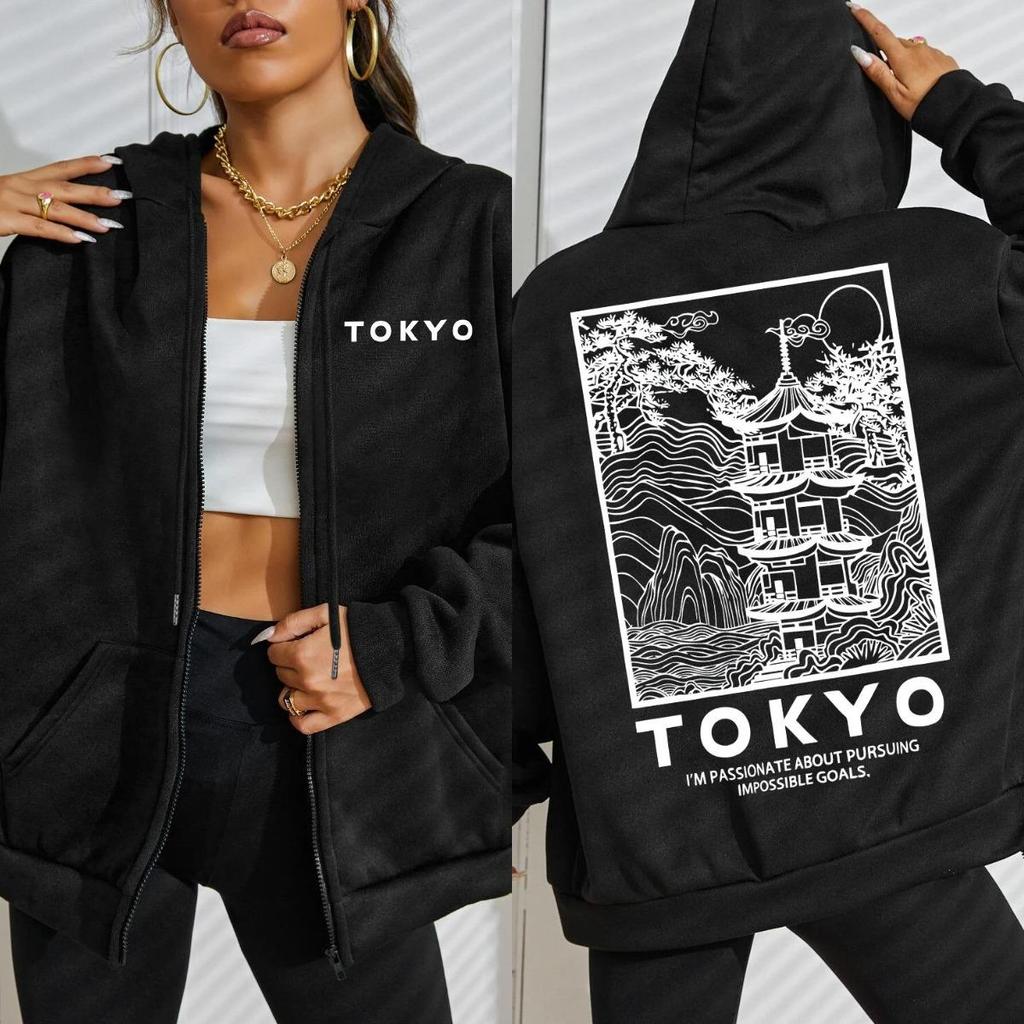 Tokyo Creative Building Cherry Blossom Letter Design Women Zipper Streetwear Hoodie Casual Loose Hoody Autumn Top