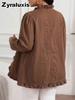 Veste en jean bleu marine à bords volantés pour femme, col montant, un bouton, manches longues, coupe ajustée, style français