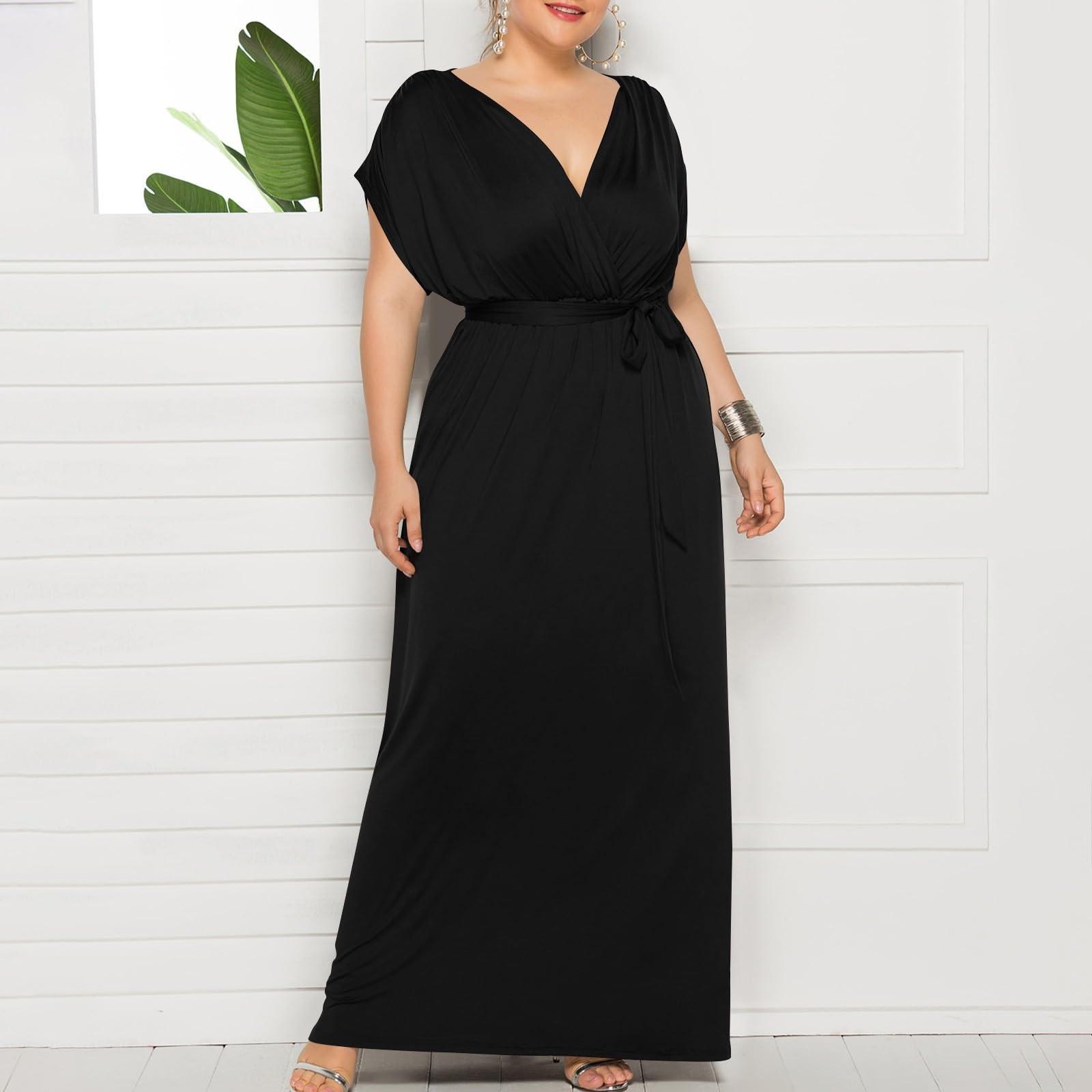 

Женское модное и сексуальное платье большого размера однотонное с V-образным вырезом, короткими рукавами и свободным подолом XL чёрный