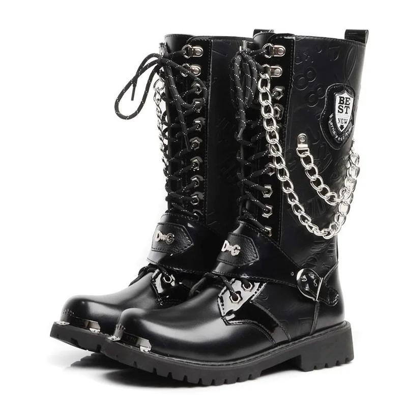 Men's Fashion Motorcycle Boots Mid-calf Breathable Combat Boots Gothic Belt Punk Boots Mens Shoes Hightop Casual Steel Toe Shoes