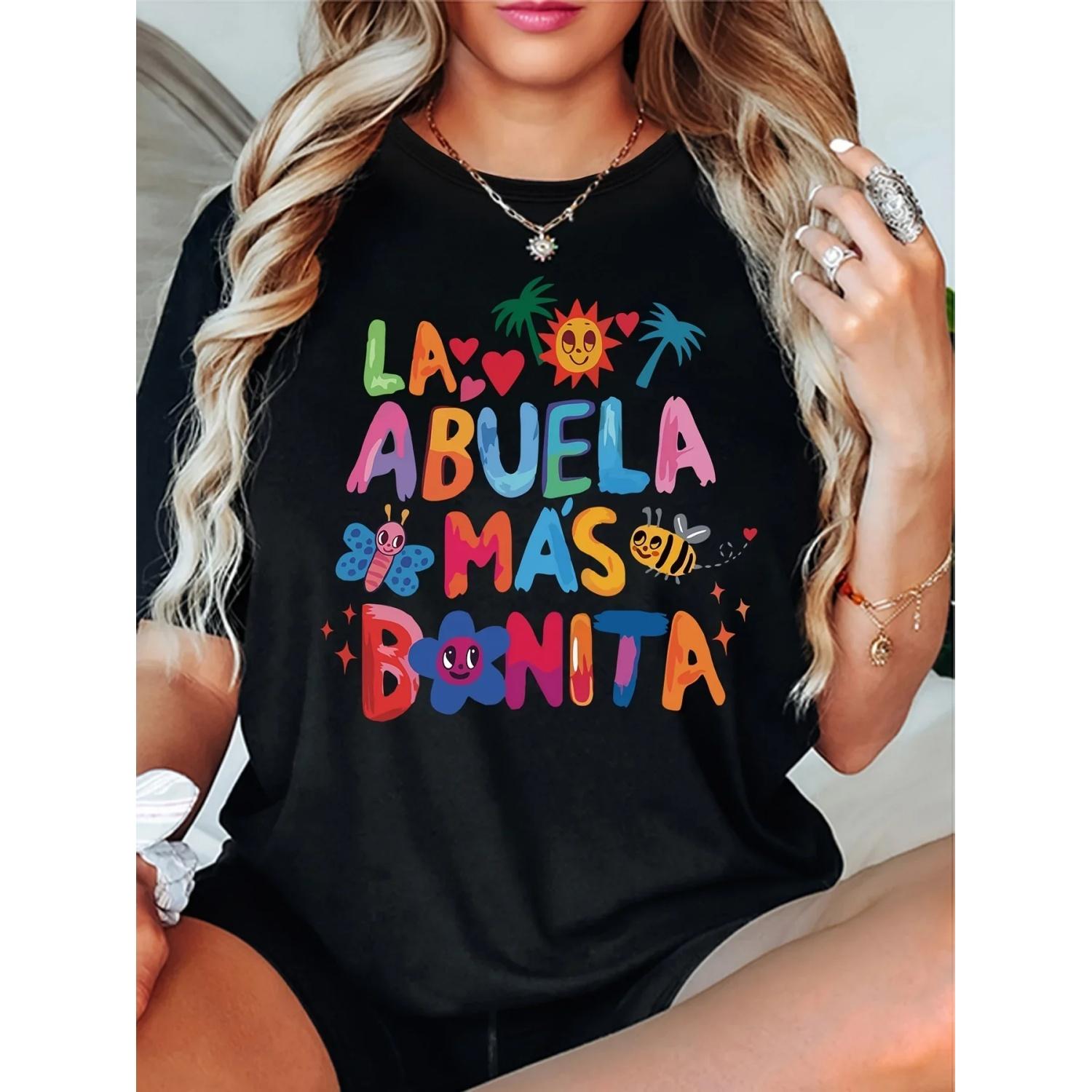

Women s Casual Coconut Tree Printed Colorful Letter T-shirt Soft Elastic Round Neck Short Sleeve Women Clothing Aesthetic Y2K S чёрный