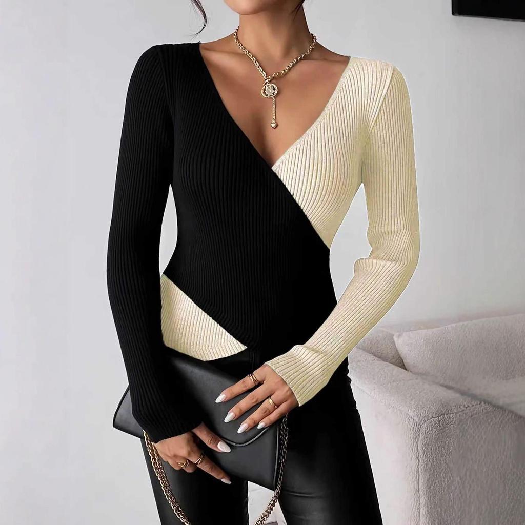 Pull Tricoté Élégant Col V Bloc de Couleurs 2025 - Top Automne/Hiver à Manches Longues pour Femmes