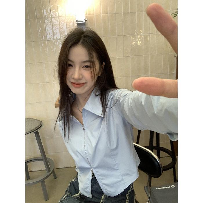 

Женская белая рубашка с длинным рукавом на двойной молнии - Универсальный осенний дизайн в корейском стиле Large синий