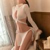 Sexy Chest Open Strap White Turtleneck Sweater Two-piece Set Erotic Underwear Uniform Temptation Two-dimensional Breast Wear