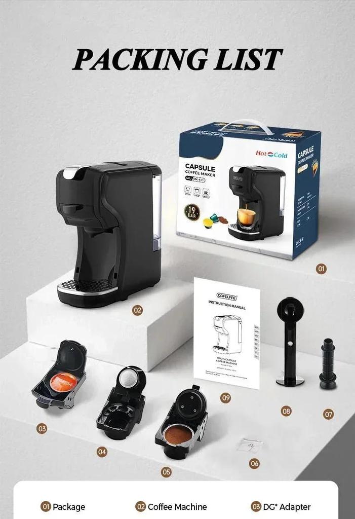 MK-611 220V 19Bar 3in1 Capsule Coffee Machine Portable Office Commercial Small Household Italian American Coffee Pot For DG Nes Capsule