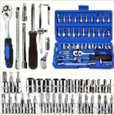 46PCS Small Drive Socket Ratchet Wrench Screwdriver Set, 1/4 Inch Metric Socket and Ratchet Wrench Set with Extension Bar, Compact Tool Set for Car