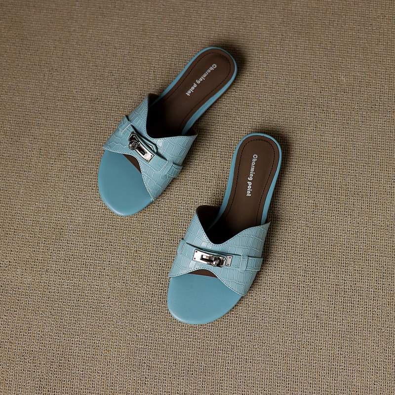 Krazing Pot Cow Skin Mules Summer Size 42 Low Heels Luxury Shoes Metal Decoration Women Superstar Women Peep Toe Slip on Sandals