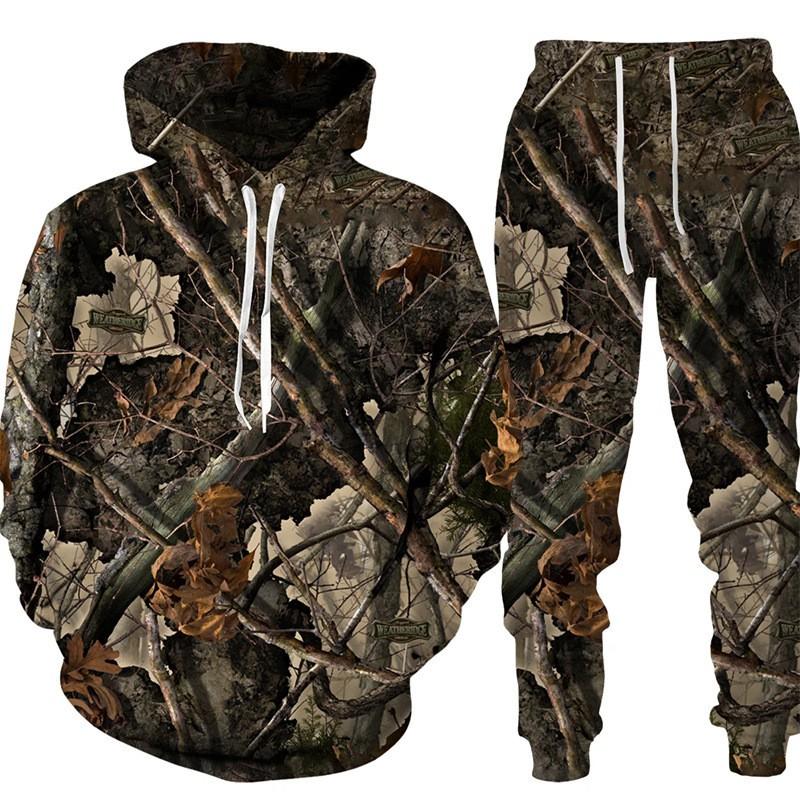 Mens 3D Leaf Print Hooded Sweatshirt Jogger Set Air Layer Casual Outfit Fall