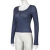 Striped Scoop Neck Slim-fitting T-shirt Women Casual Long Sleeves Button Crop Pullover Sexy Versatile Bottoming Top