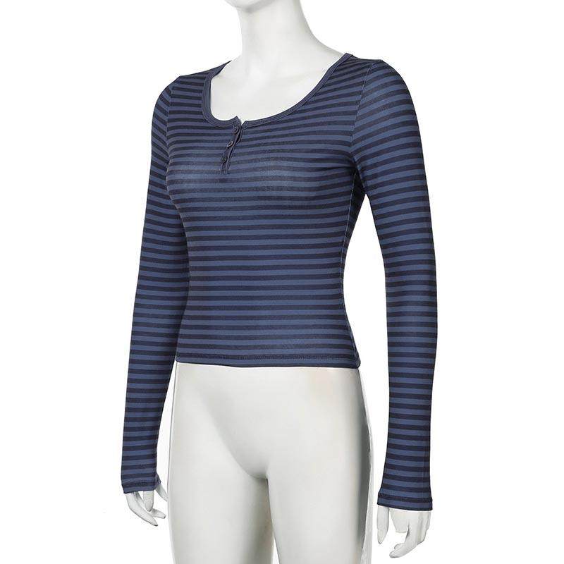 Striped Scoop Neck Slim-fitting T-shirt Women Casual Long Sleeves Button Crop Pullover Sexy Versatile Bottoming Top