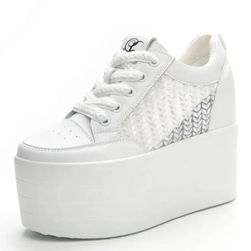 Fashion 12cm New Air Mesh Leather Genuine Platform Wedge Flats Summer Spring Boot Ankle Women High Brand White Fashion High Heels Shoes
