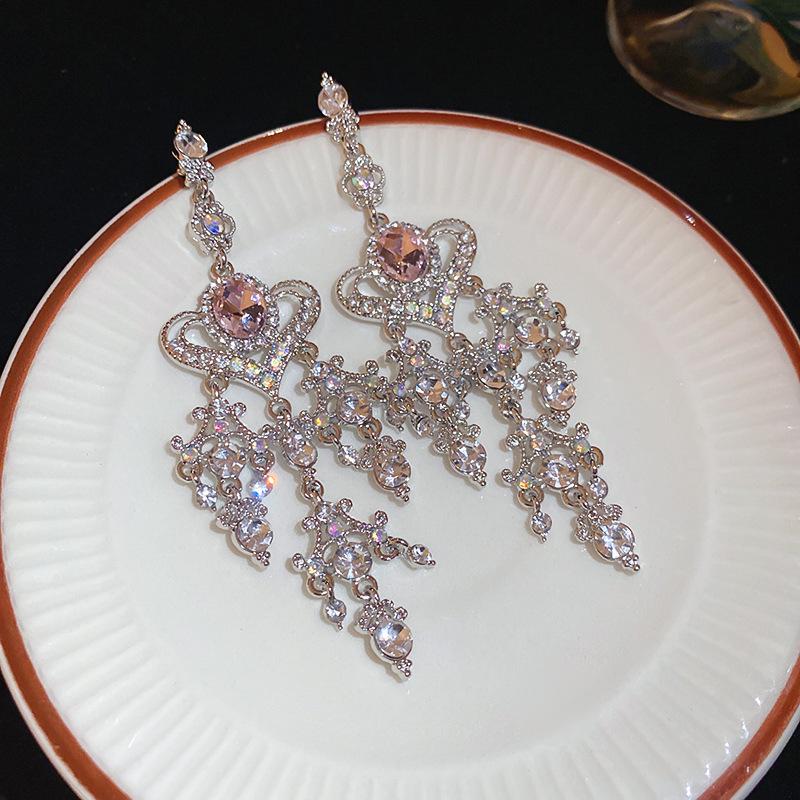 2025 Light Luxury Silver Needle Diamond Flower Tassel Earrings - Elegant European & American Style for Women