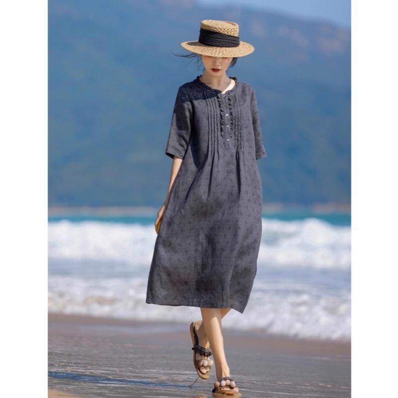 2025 summer new fungus edge floral cotton and linen dress women's retro loose short-sleeved printed medium and long dress