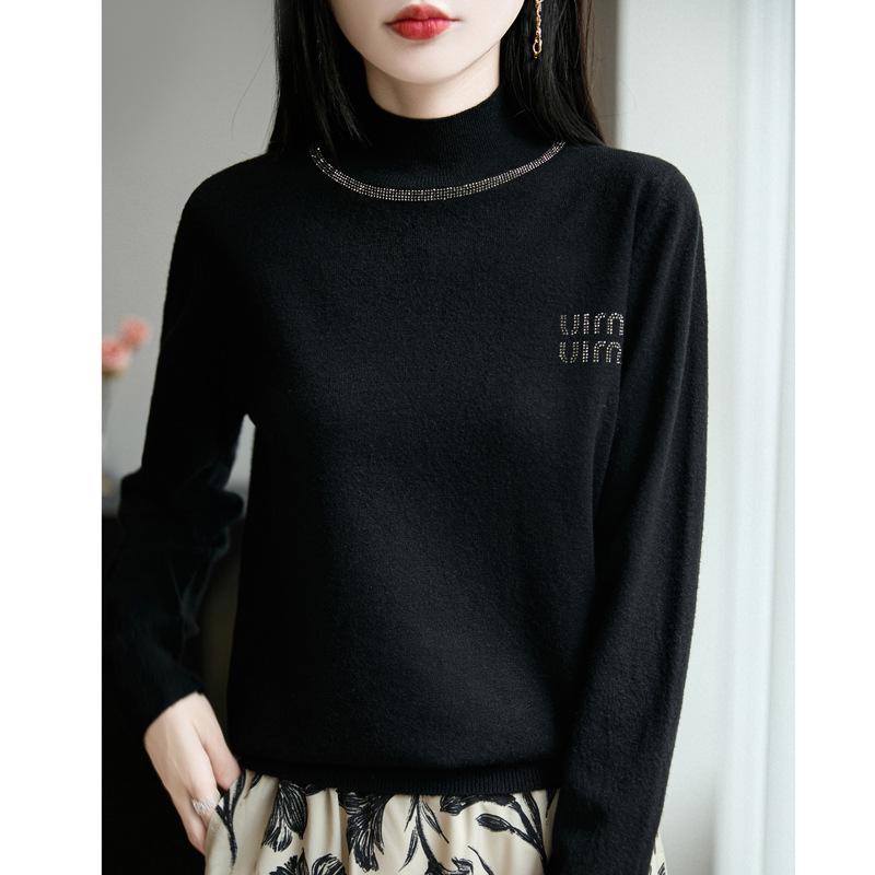 Autumn/Winter Rhinestone Semi-High Neck Knitted Sweater Top for Women