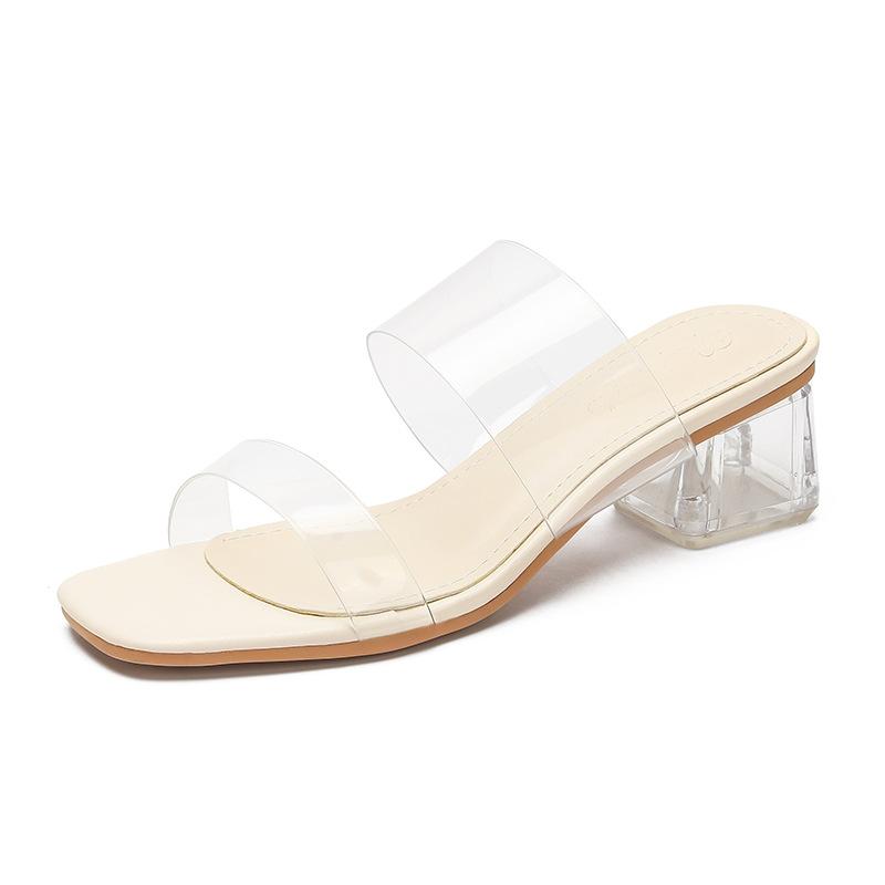 Transparent sexy thick-heeled sandals for women's summer wear 2025 new square head white one-word with open-toed high-heeled cool slippers