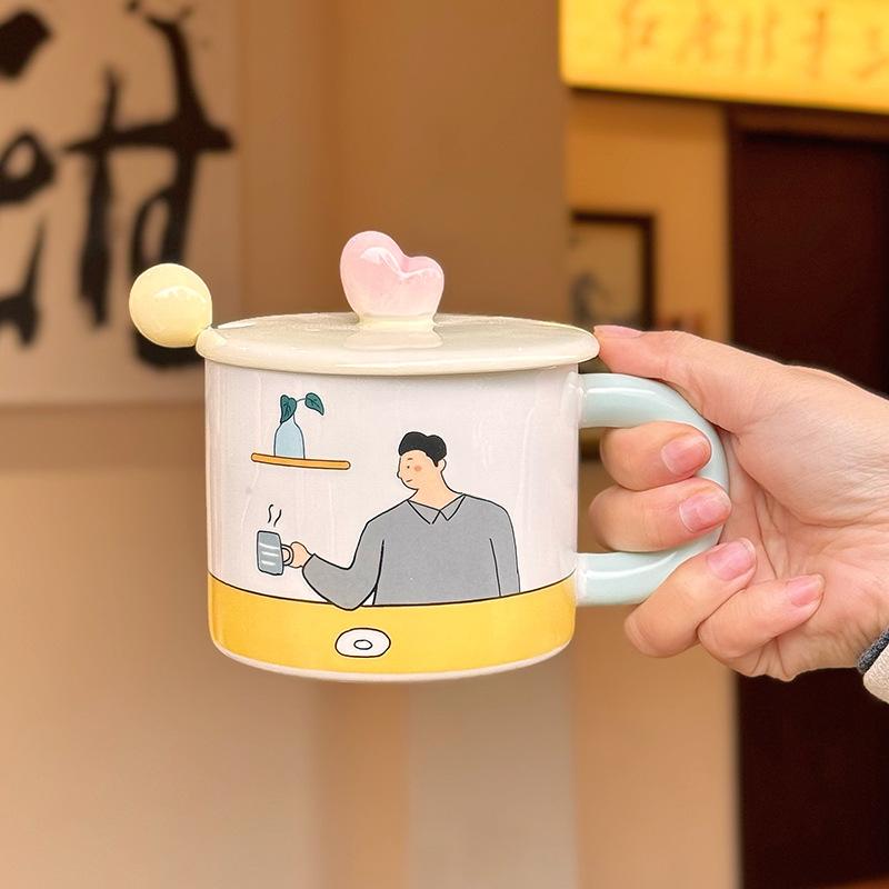 

Керамическая кружка Мужская и женская Парные чашки Чашка для кофе Чашка для завтрака с крышкой Ложка Офисная чашка для воды Сувенир Любовь 420ML