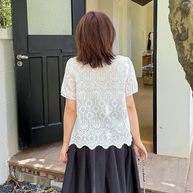Large Size Women's Clothing Korean Gentle Temperament V-neck Shirt Summer New Sweet Short-sleeved Top 252551