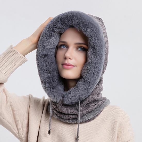 Fleecegefütterte Strickmütze Einfarbig Plüschbesatz Verstellbarer Kordelzug 3-in-1 Mütze Gesichtsschutz Schal-Set Winddicht Ski Snowboard Kaltwetterausrüstung