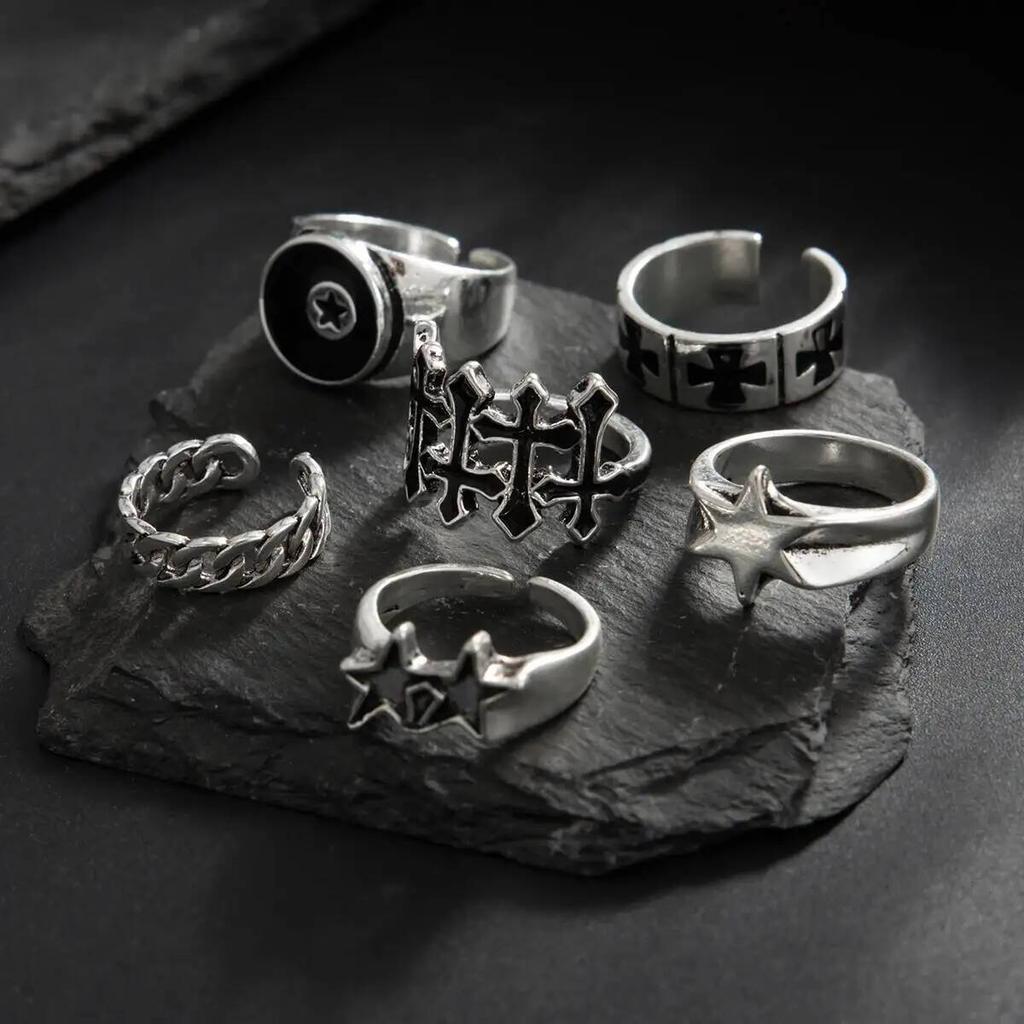 IngeSight.Z 6Pcs/Set Punk Black Pentagram Star Rings Women Men Punk HipHop Silver Color Geometric Thick Finger Ring Y2K Jewelry