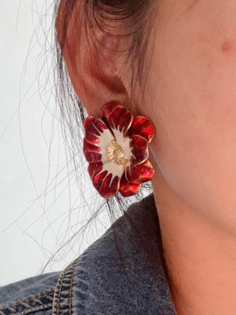 Vintage Gold Enamel Flower Ear Clips - No Piercing Needed