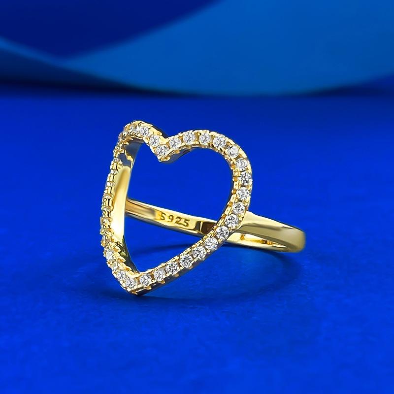 New S925 Silver Yellow Hollow Heart Ring Set with Love, Small and Elegant, Women's Niche Wedding Jewelry
