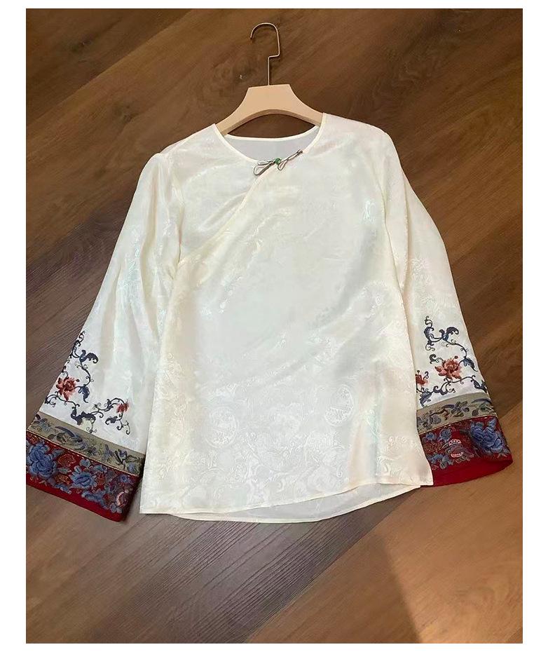 Rong Tai Women's 2026 Spring Frog Button Silk Jacquard Long Sleeve Shirt - Slimming Chinese Style Top