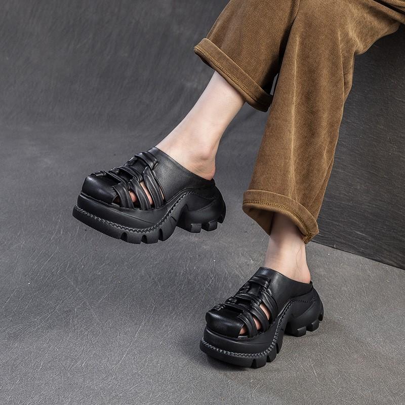 Fashion GKTINOO 2025 Summer New Retro Height Increasing Genuine Leather Slippers Hollow Out Lightweight Women's Platform Shoes