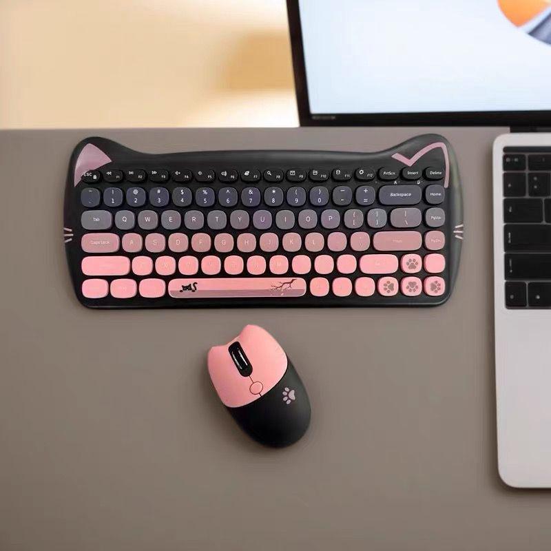 Adorable Kitty Cat Wireless Keyboard and Mouse Set with Pink Sakura Design and Cute Cat Ears - Perfect Silent Gift Box for Girls