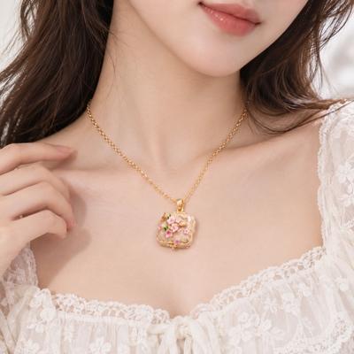 Floral Butterfly Square Locket Necklace Colorful Openable Box Chain Enamel Pendant Necklace  Party