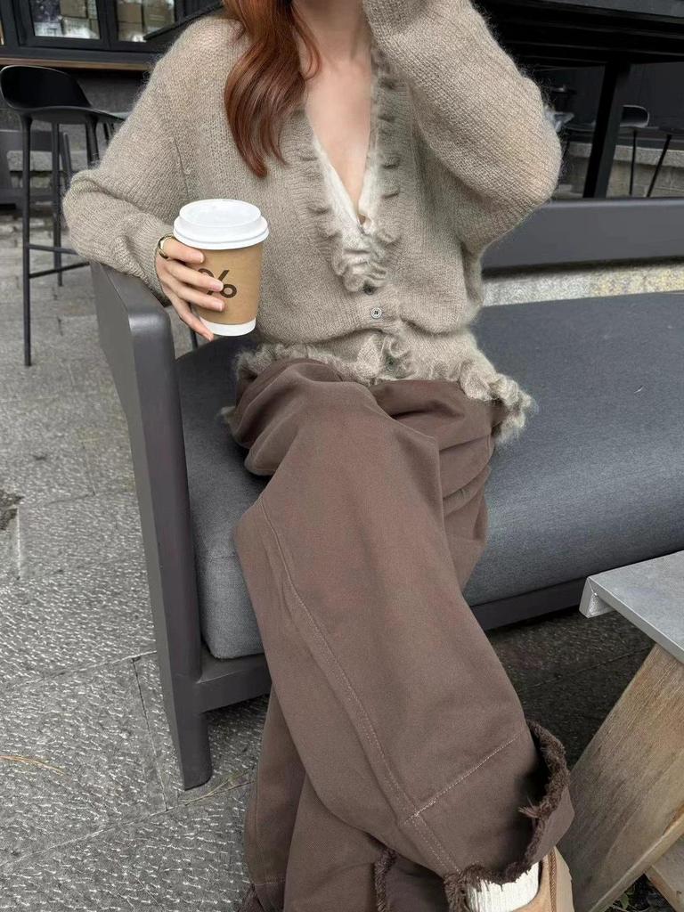 2025 Autumn/Winter Women's Korean V-neck Loose Ruffle Cardigan with Waist-cinching Slimming Knitwear