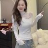 Plus Size Velvet Lace Patchwork Long Sleeve Slimming T-Shirt for Women - Half-High Collar, Warm & Stylish Autumn/Winter Top