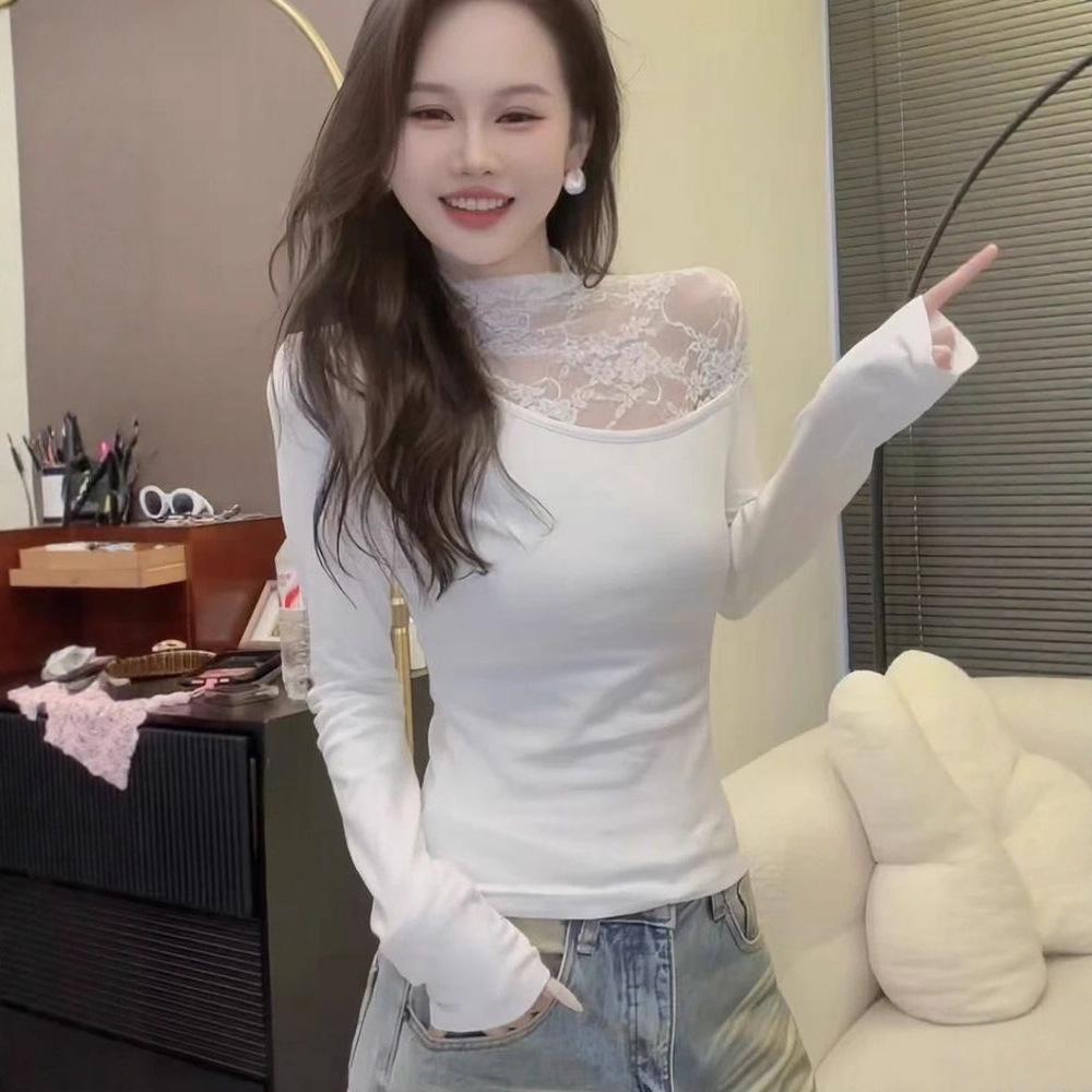 Plus Size Velvet Lace Patchwork Long Sleeve Slimming T-Shirt for Women - Half-High Collar, Warm & Stylish Autumn/Winter Top