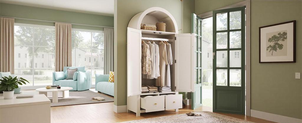 Kleiderschrank 181x78x45 cm mit Rattan-Geflecht, Landhausstil Weiß, Halbkreisförmiges Regal, 2 Türen mit Magnetverschluss, 2 Schubladen, Kleiderstange, Kippsicherung