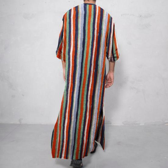 Gown Shirt Colorful Striped Pockets Single-breasted Round Neck Soft Long Shirt for Daily Wear