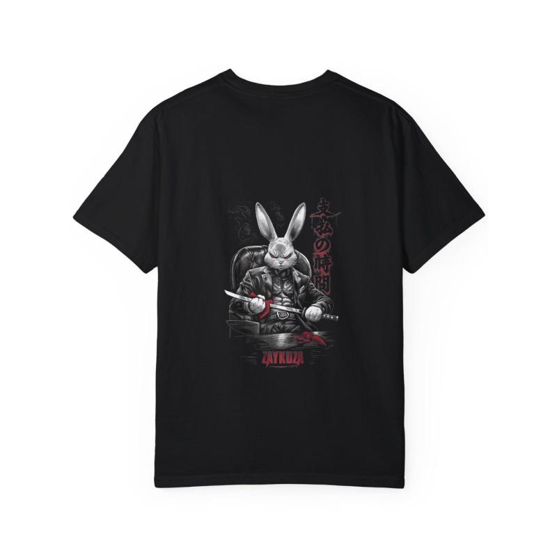White T Shirt with Rabbit Yakuza Graphic and Japanese Text for Casual Wear