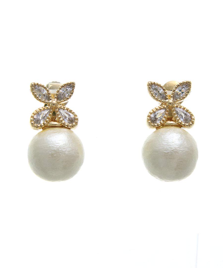 

VINGTAINE Flower Cotton Pearl Earrings Cubic Zirconia [Kobe Vingtaine] P1180-E