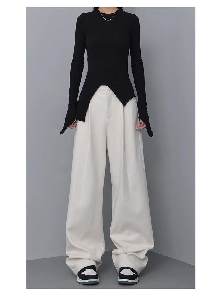 Retro Slimming Melange Wide-Leg Pants for Women - Autumn/Winter Collection