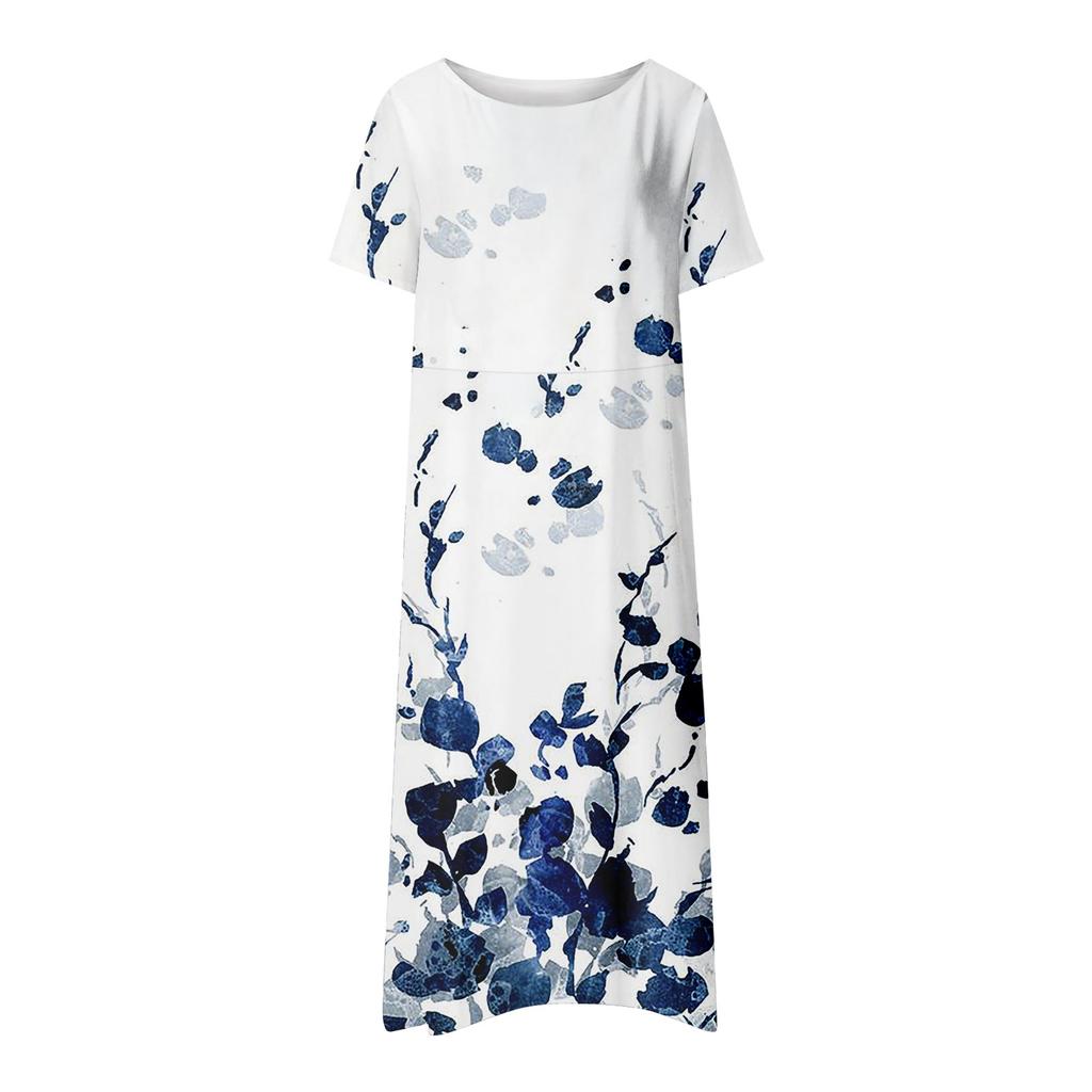 Women's Summer Casual Fashion Flower Printed Short Sleeve Round Neck Pocket Dress