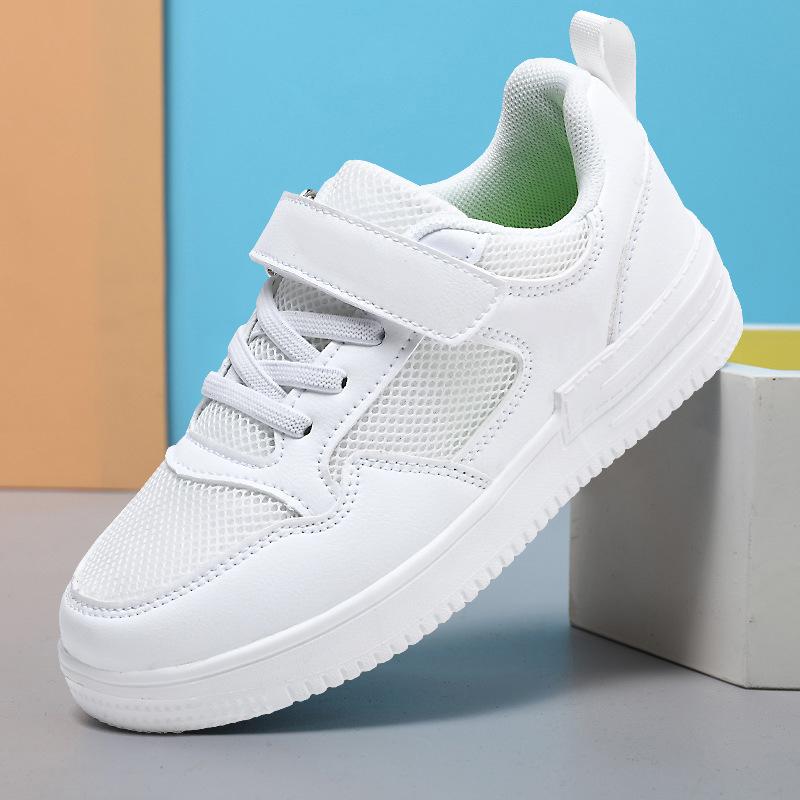 Children's Little White Shoes Middle and Large Children's Autumn and Winter Breathable Mesh Leather Surface Campus White Shoes Primary School Boys and