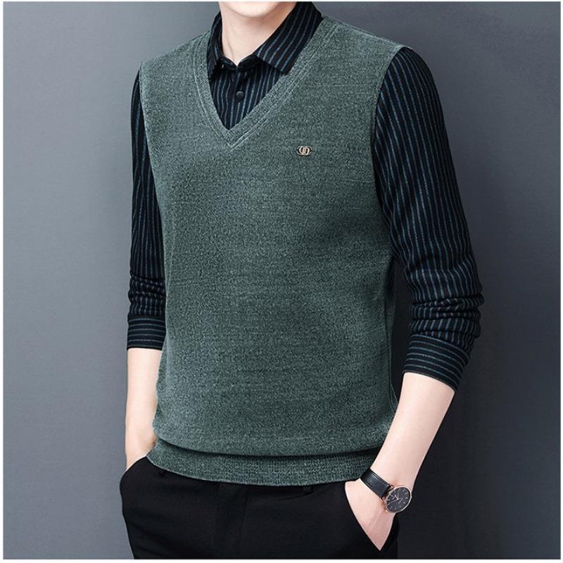 

Весенне-осенний свитер из синели, мужской вязаный свитер из двух частей, модный повседневный мужской деловой свитер с воротником, мужская рубашка 4XL