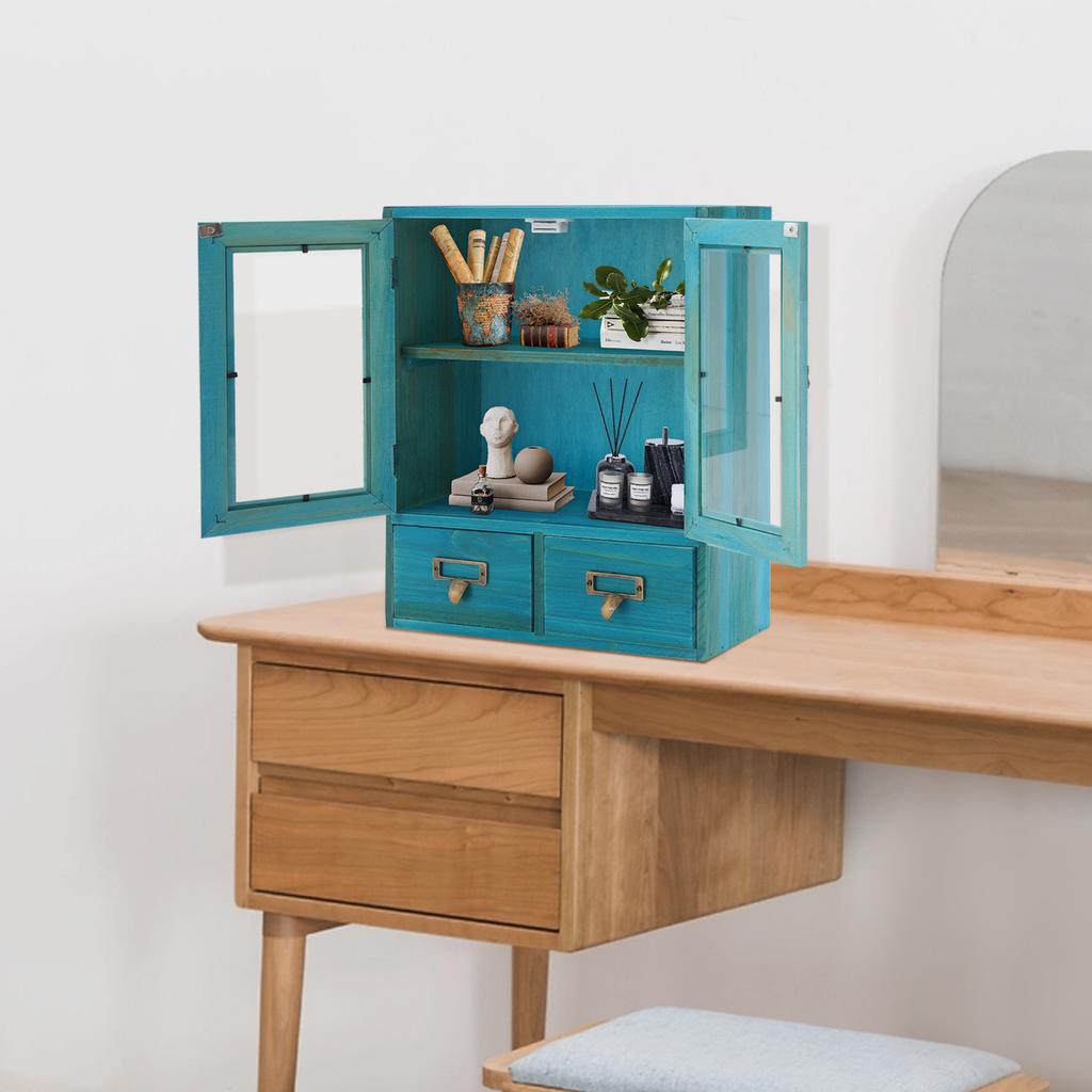 2-Tier Wood Storage Cabinet with 2 Drawers & Double Doors, Compact Organizer Shelf for Office, Living Room, Kitchen, Bathroom