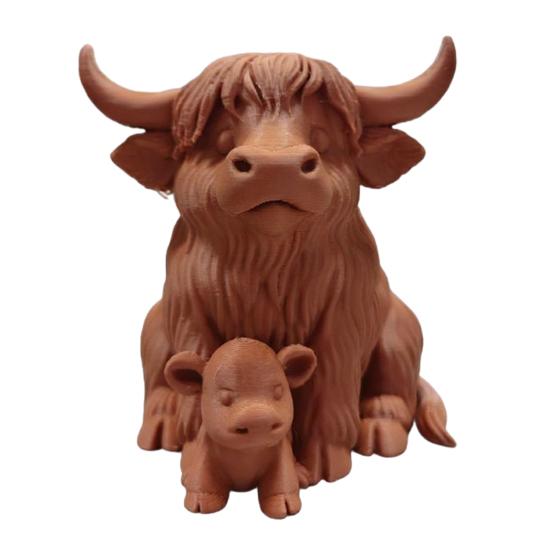 Rustic Highland Cow Ornament, Terracotta Color 3D Printed Cow Statue, Cute Highland Cow Figurine for Home Desk Shelf Farmhouse Decor B