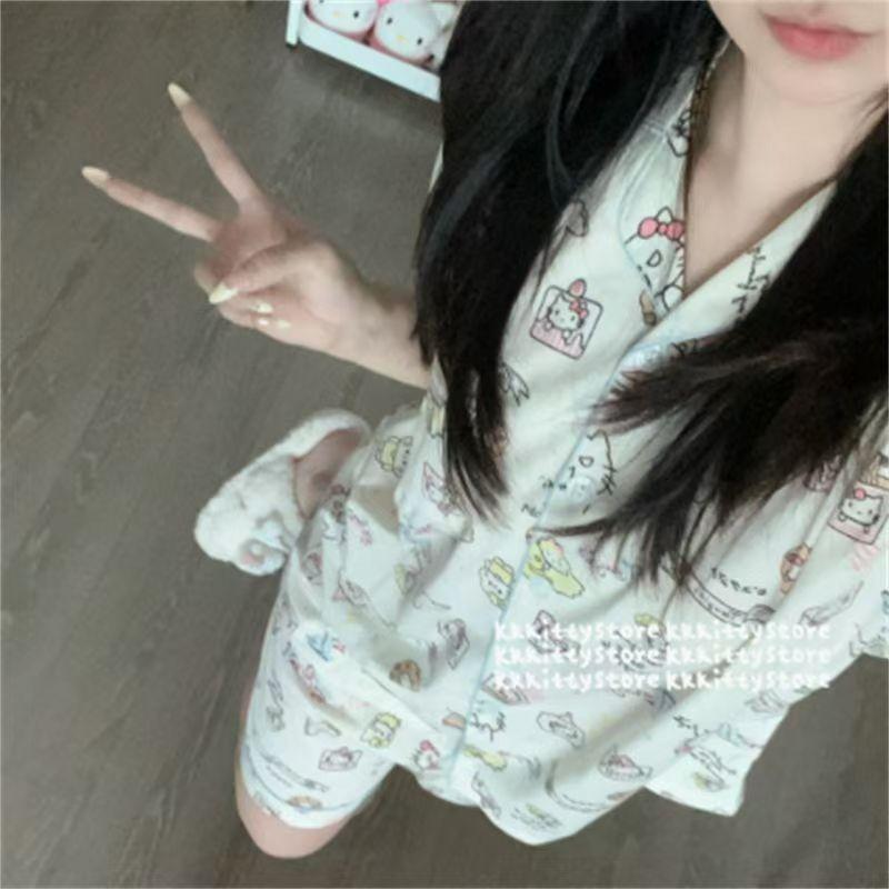 

Japanese manga KT cat pajamas women s summer thin short-sleeved shorts set student dormitory can wear loungewear outside s [recommended weight 35-40kg]