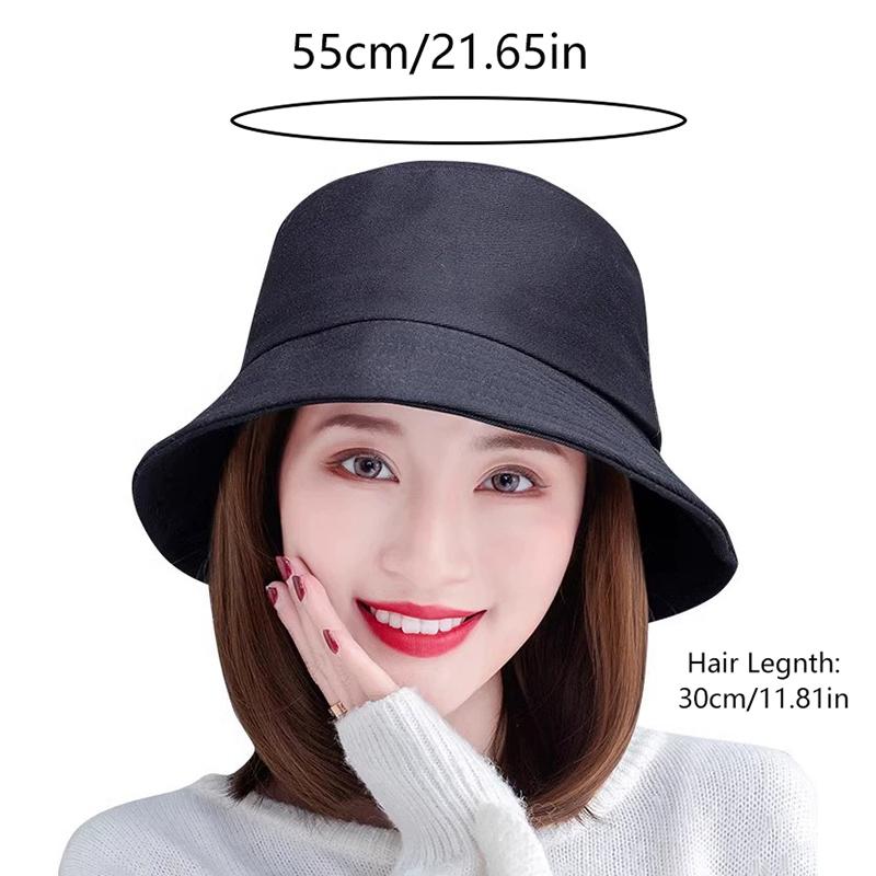 Bucket Hat Synthetic With Hair Cap  Short Straight Bob Fall Autumn Hat Wigs For Women Clip On Hair Extensions