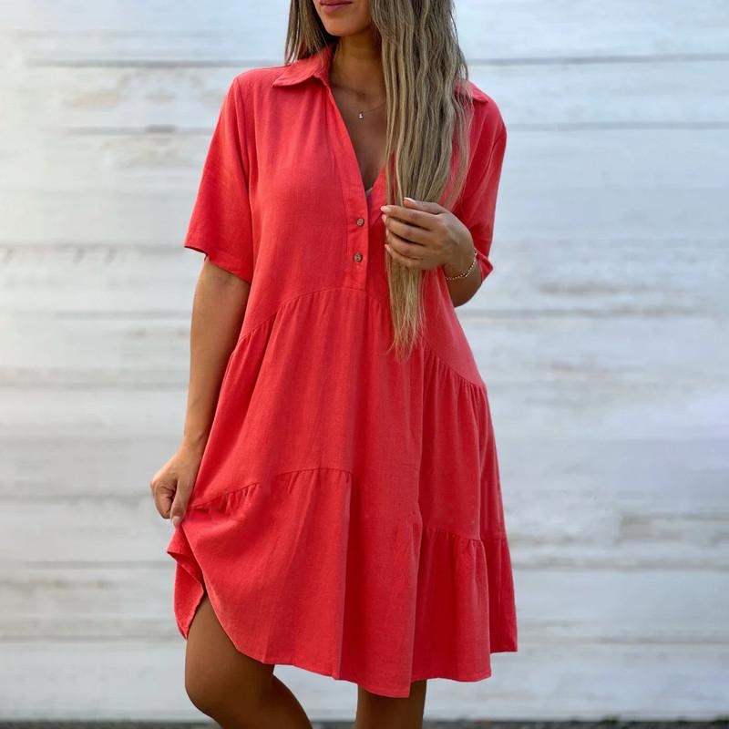 Women's Fashion Skirt Loose Solid Colour Lapel Casual Short Sleeve Cotton Linen Dresses